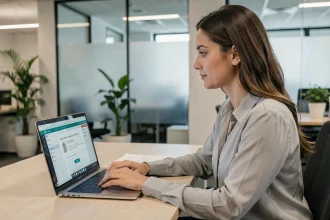 Salariée se connectant à son espace personnel RH sur un ordinateur portable dans un bureau moderne