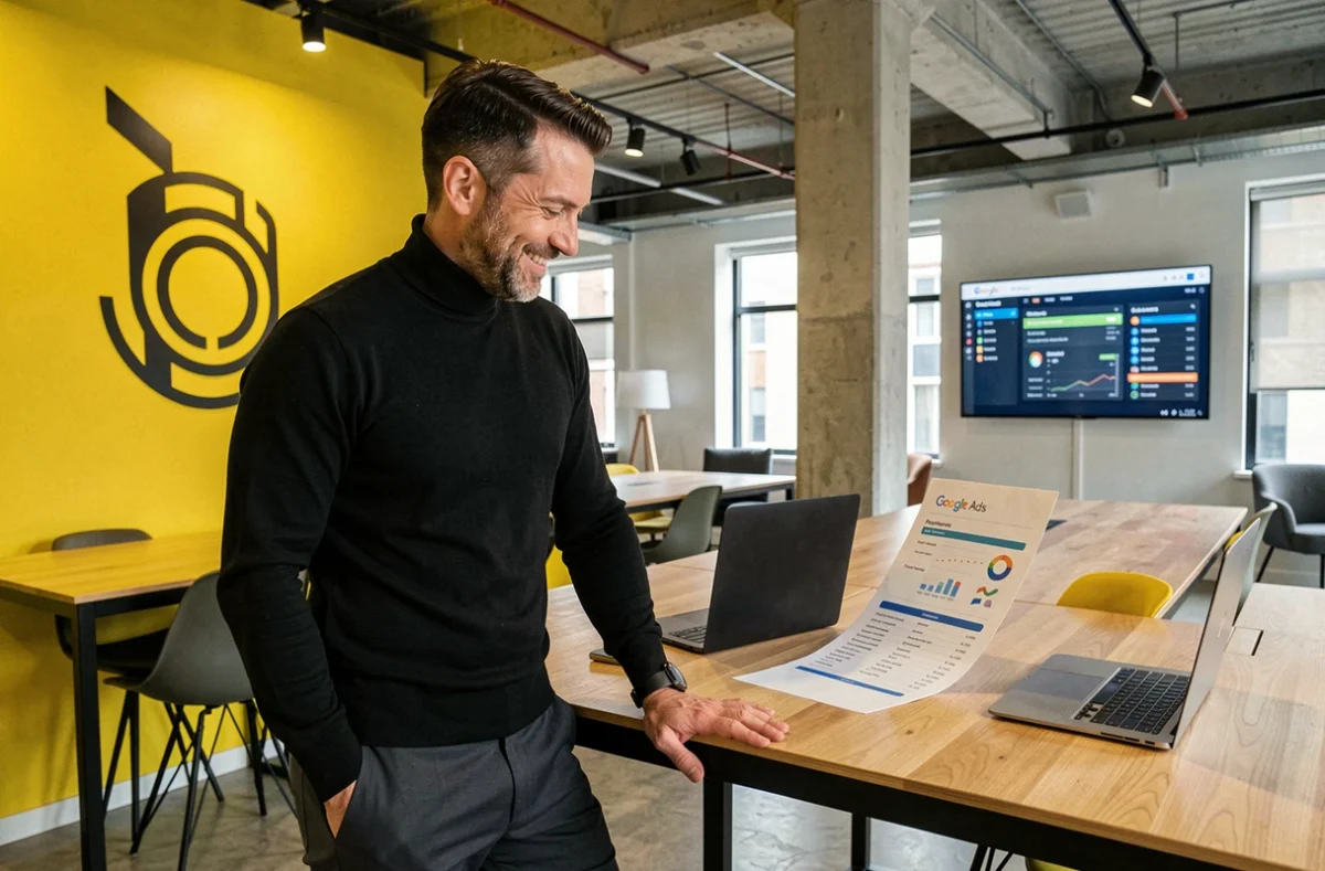 Associé créatif de l'agence Acide Création analysant un rapport de performance Google Ads dans un espace de travail aux accents jaune vif