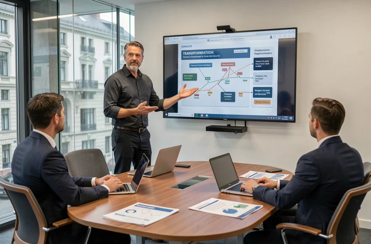 Chef de projet d'Actency présentant une feuille de route de transformation digitale lors d'une réunion client à Strasbourg