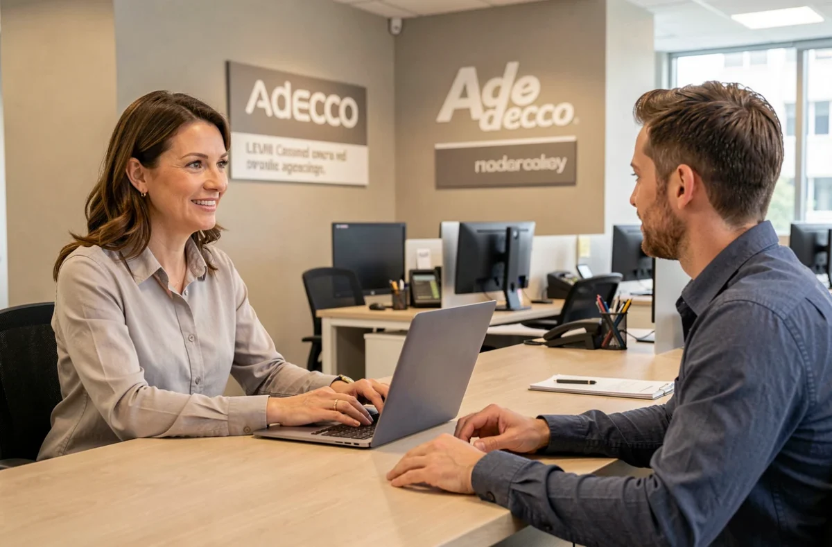 Recruteuse Adecco en consultation avec un candidat dans une agence des Hauts-de-France