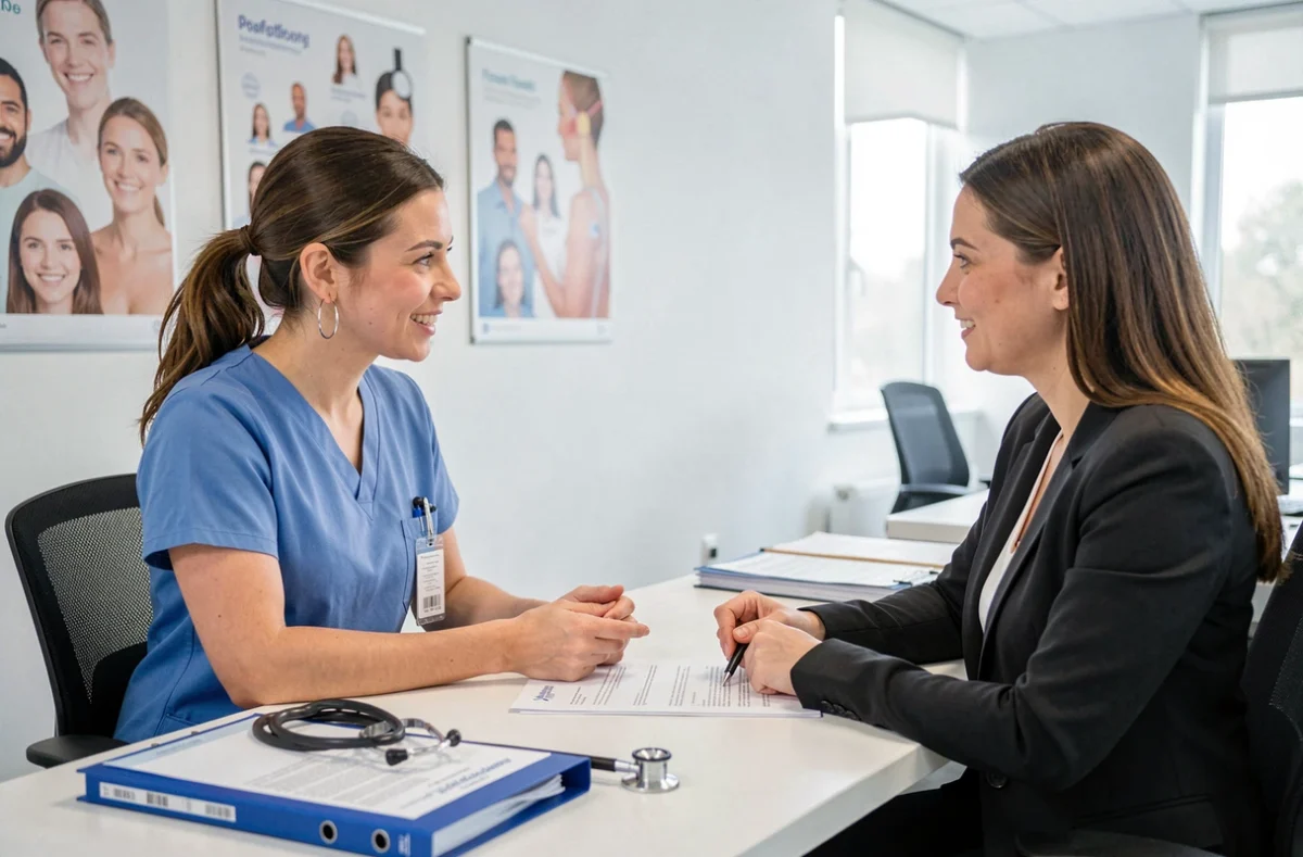 Infirmière en entretien avec une conseillère de l'agence Adecco Medical dans les Hauts-de-France