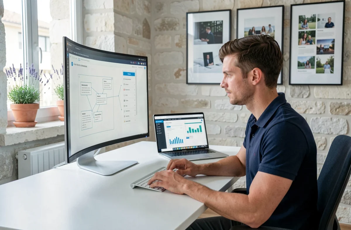 Consultant digital de l'agence Adeliom à Aix-en-Provence analysant des wireframes UX sur un écran dans un bureau au style provençal contemporain