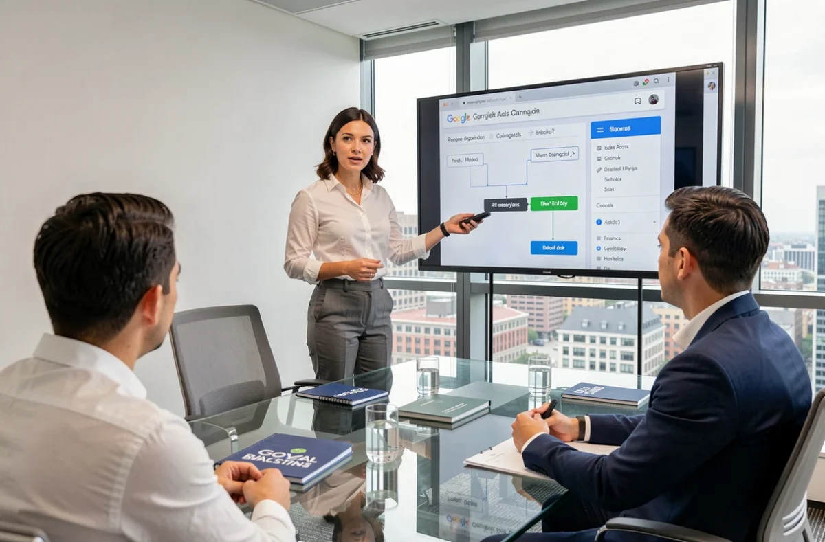 Stratège digitale de l'agence ADN Com présentant un plan de campagne Google Ads à son équipe en salle de réunion
