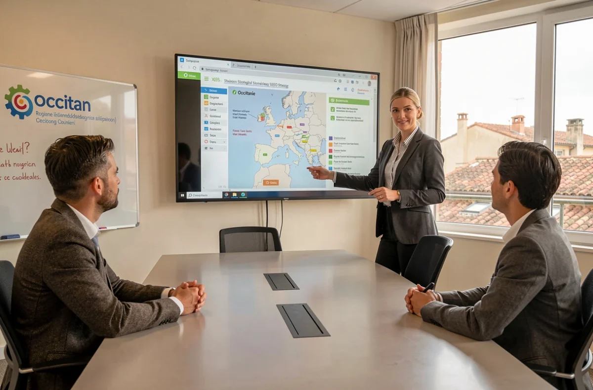 Stratège web présentant une campagne SEO régionale en Occitanie à son équipe