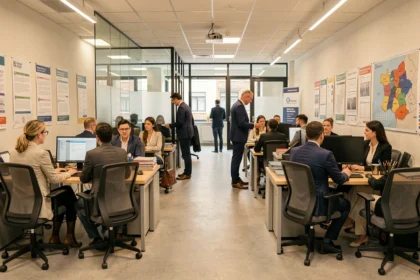 Bureau d'agence d'intérim animé dans les Hauts-de-France avec candidats et recruteurs en entretien