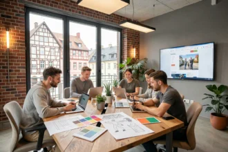 Vue d'ensemble d'une agence web moderne à Strasbourg avec des professionnels collaborant autour de maquettes numériques