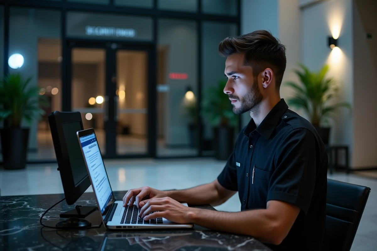 Agent de sécurité de nuit consultant ses droits salariaux sur un ordinateur portable dans le hall d'un immeuble de bureaux