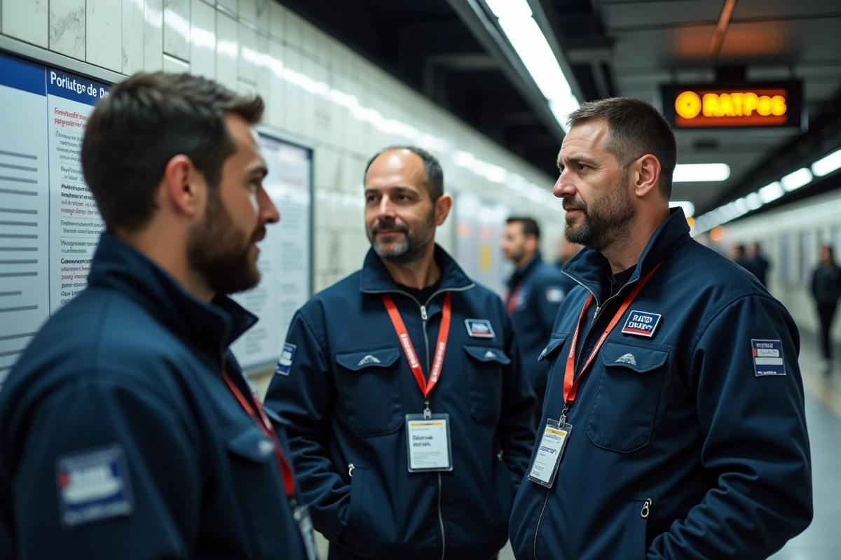 Agents RATP en uniforme consultant un affichage officiel du CE dans une station de métro parisienne