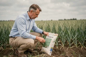 Agronome examinant un sac d'engrais dans un champ agricole, illustrant la distinction entre les entreprises Nitrofer et NitroFert