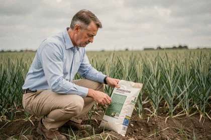 Agronome examinant un sac d'engrais dans un champ agricole, illustrant la distinction entre les entreprises Nitrofer et NitroFert