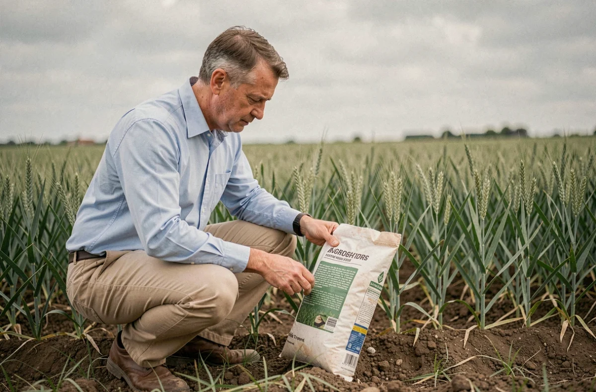 Agronome examinant un sac d'engrais dans un champ agricole, illustrant la distinction entre les entreprises Nitrofer et NitroFert