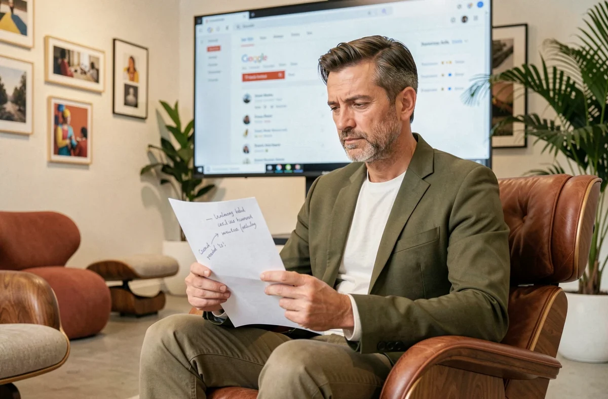 Directeur créatif de l'agence Ailleurs étudiant un brief de campagne Google Ads dans un espace studio design