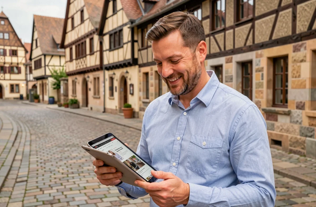Consultant d'Alsace Web consultant un site e-commerce sur tablette dans le quartier historique de la Petite France à Strasbourg