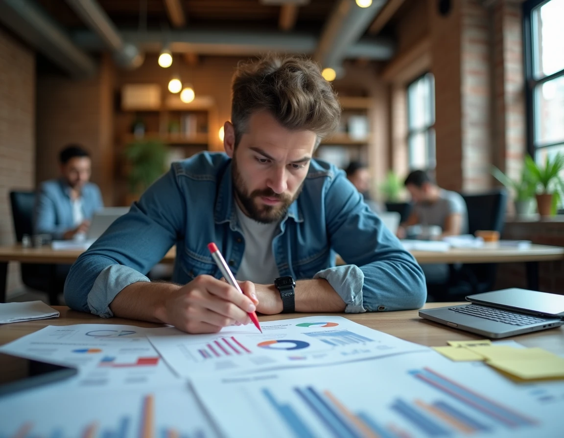 Un analyste stratégique étudie des graphiques de parts de marché et des données concurrentielles dans un bureau de startup, représentant l'analyse des guerres commerciales entre entreprises