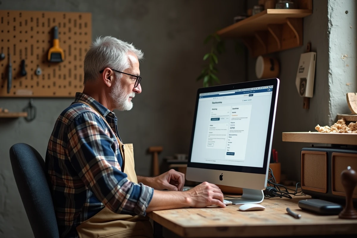 Artisan menuisier configurant les paramètres de facturation de son compte en ligne dans son atelier professionnel