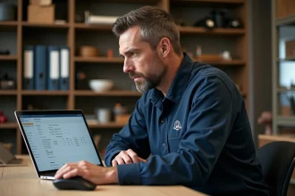 Artisan assis à son bureau paramétrant son compte de facturation sur un ordinateur portable dans son atelier