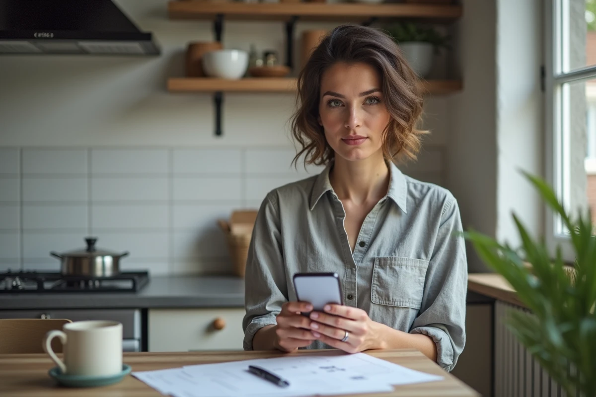 Artisane consultant son application de facturation sur smartphone depuis son espace de travail à domicile