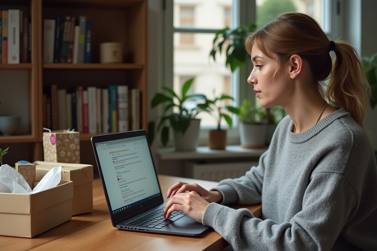 Femme consultant des avis clients en ligne sur un service de livraison à Lyon depuis son appartement