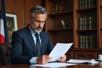 Avocat en costume bleu examinant un contrat juridique