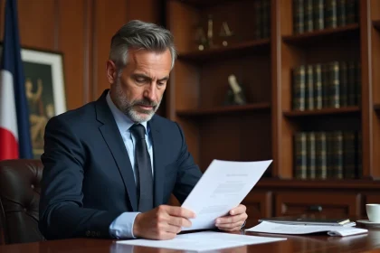 Avocat en costume bleu examinant un contrat juridique