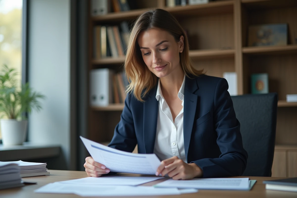 Avocate en revue de contrats dans un bureau moderne