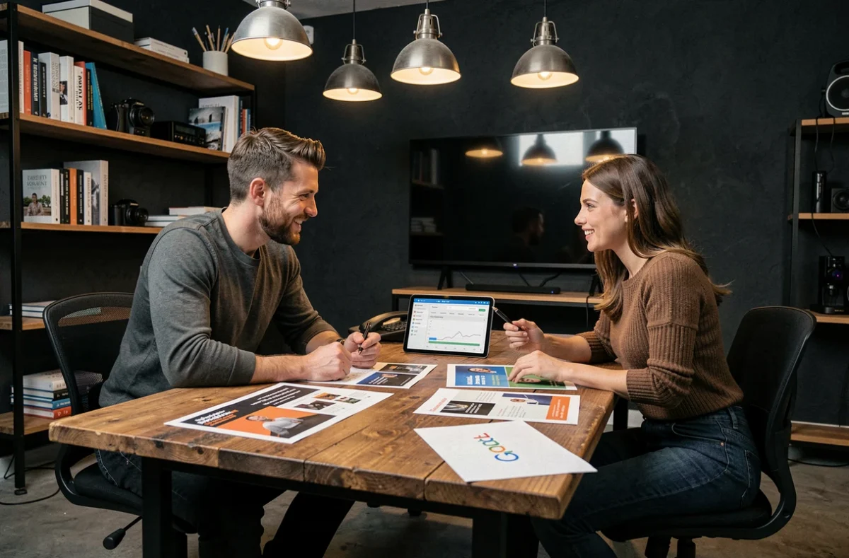 Équipe créative du Back Studio examinant des maquettes publicitaires et des données Google Ads dans un studio moderne
