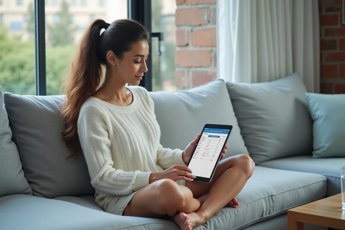 Jeune enseignante consultant son bulletin de paie Ensap sur tablette depuis son salon