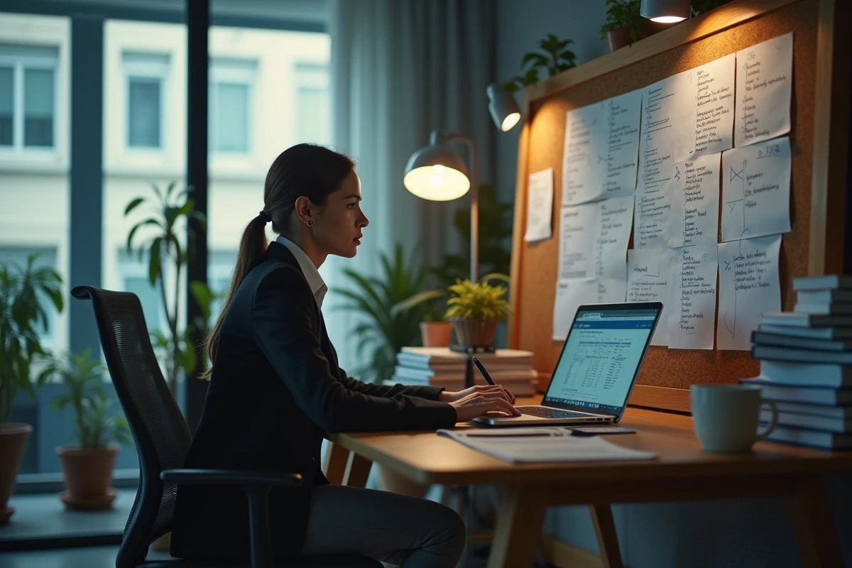 Cadre féminine dépassée par la complexité de son poste fixant un organigramme dans son bureau, symbolisant la promotion au-delà des compétences et le syndrome de l'imposteur en entreprise