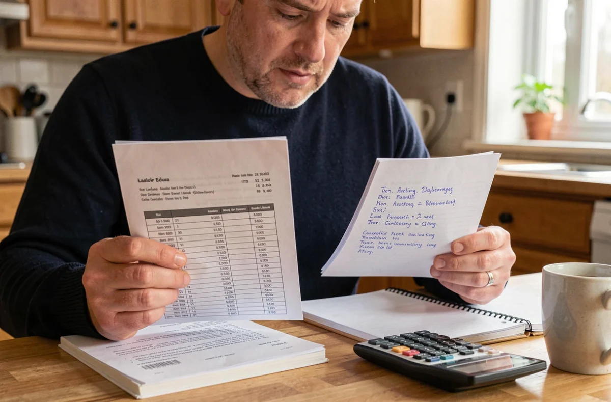 Homme à la maison calculant ses heures de travail mensuelles avec fiche de paie et calculatrice sur table de cuisine