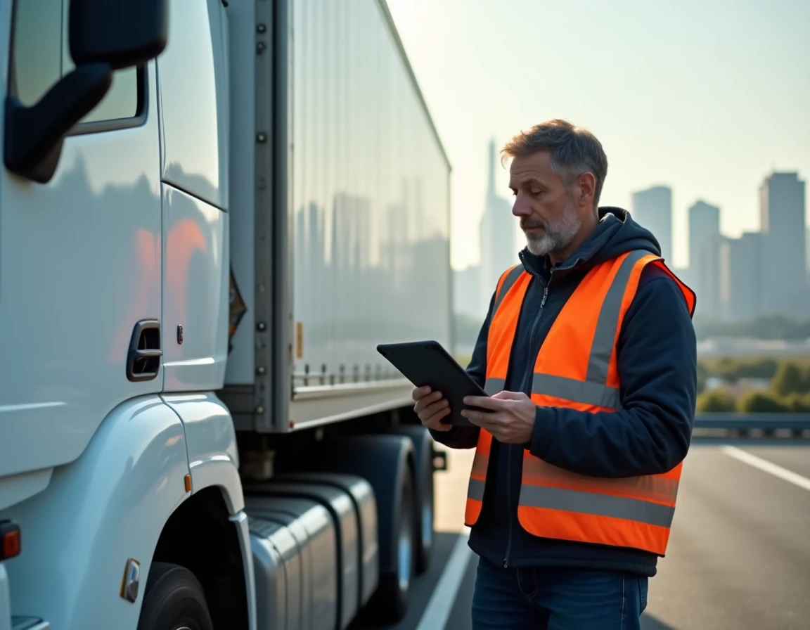 Chauffeur de camion Heppner or à un terminal urbain vérifiant un bon de livraison sur tablette