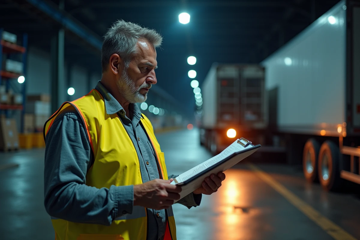 Chauffeur poids lourd de nuit consultant son contrat de salaire devant un camion dans un entrepôt logistique