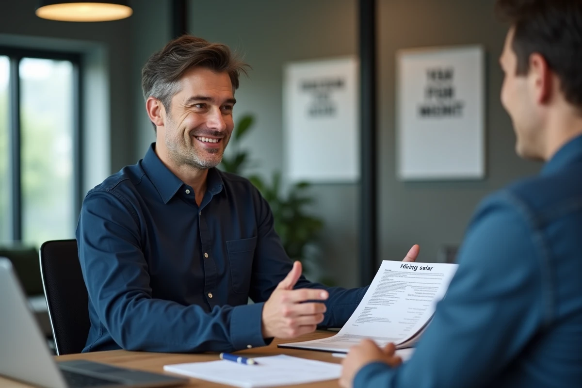 Chauffeur poids lourd en entretien d'embauche négociant son salaire de nuit face à un recruteur dans un bureau logistique moderne