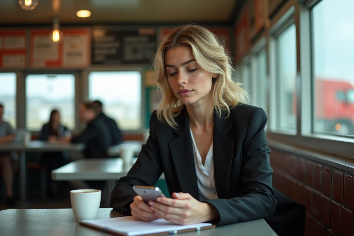 Chauffeuse poids lourd préparant sa négociation salariale sur smartphone et bloc-notes dans un relais routier