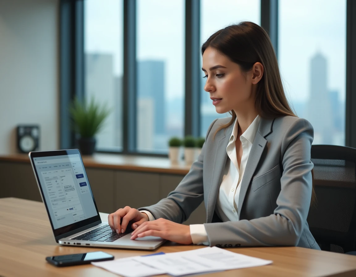 Cheffe d'entreprise consultant une interface de suivi de transport Heppner or depuis son bureau