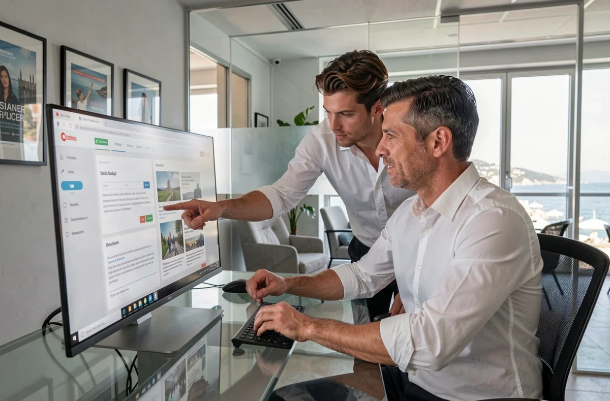 Équipe de l'agence CKC Net à Cannes en train de réviser un projet de refonte web sur écran tactile dans un bureau digital contemporain
