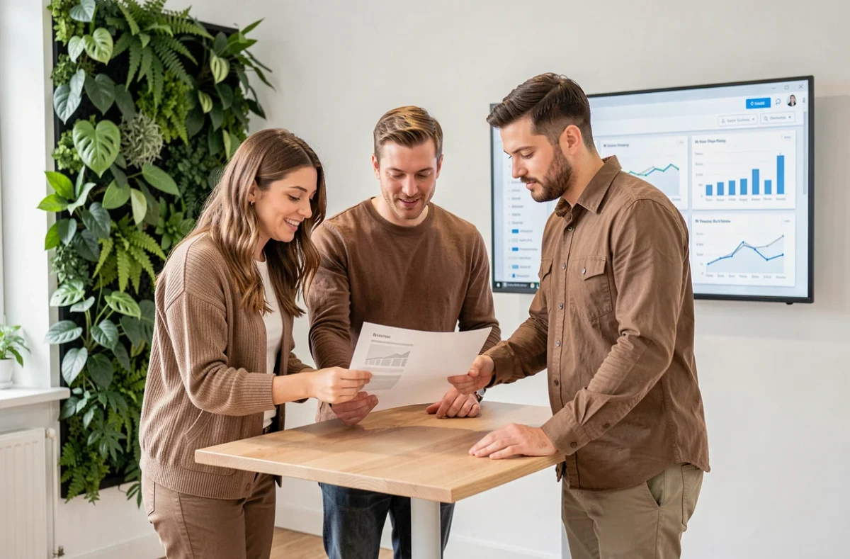 Équipe de Coactis analysant une stratégie de contenu digital autour d'un tableau de bord analytique dans leur bureau à Strasbourg