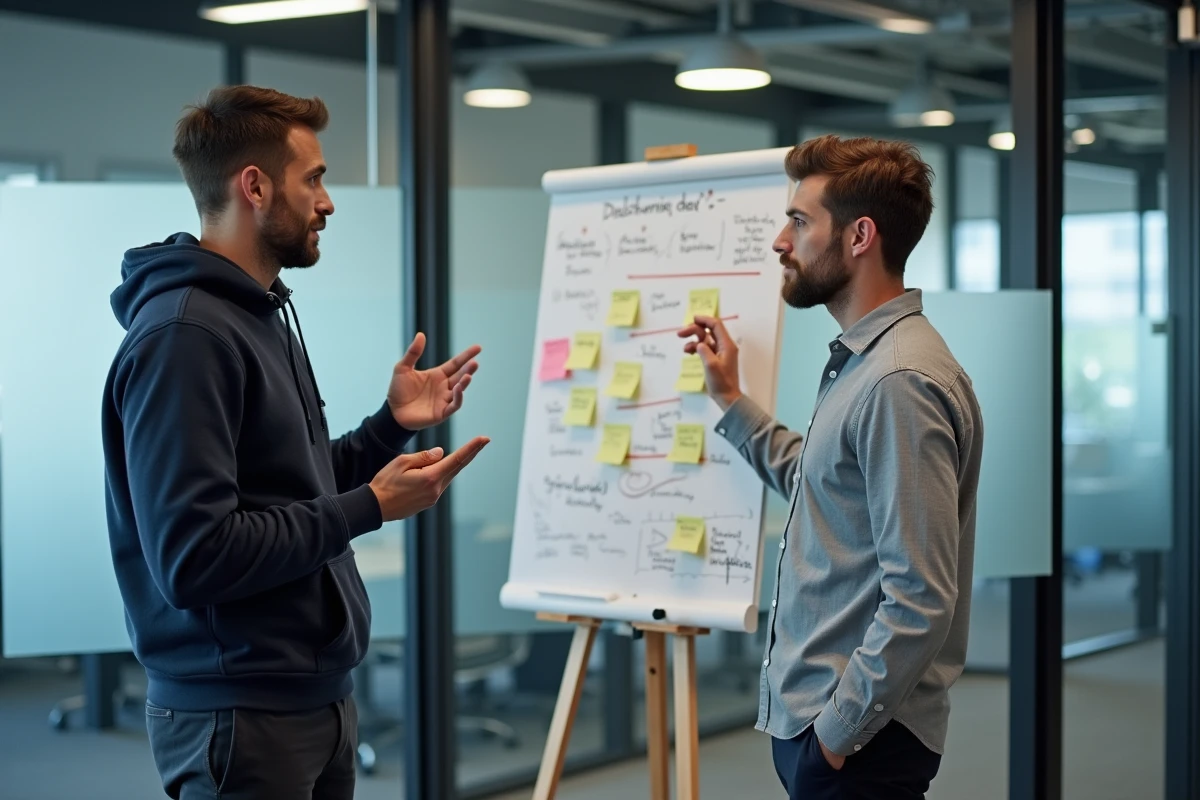Deux cofondateurs de startup discutant d'un plan de financement devant un tableau blanc dans un incubateur