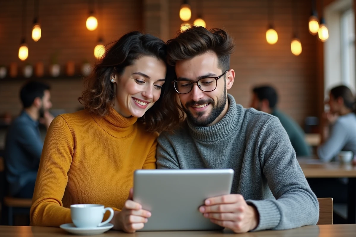 Deux collègues analysant ensemble une publication LinkedIn avec mise en gras dans un café urbain moderne pour améliorer leur stratégie de contenu