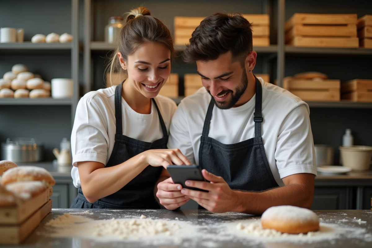 Deux collègues en boulangerie Marie Blachère consultant ensemble l'intranet d'intégration sur smartphone