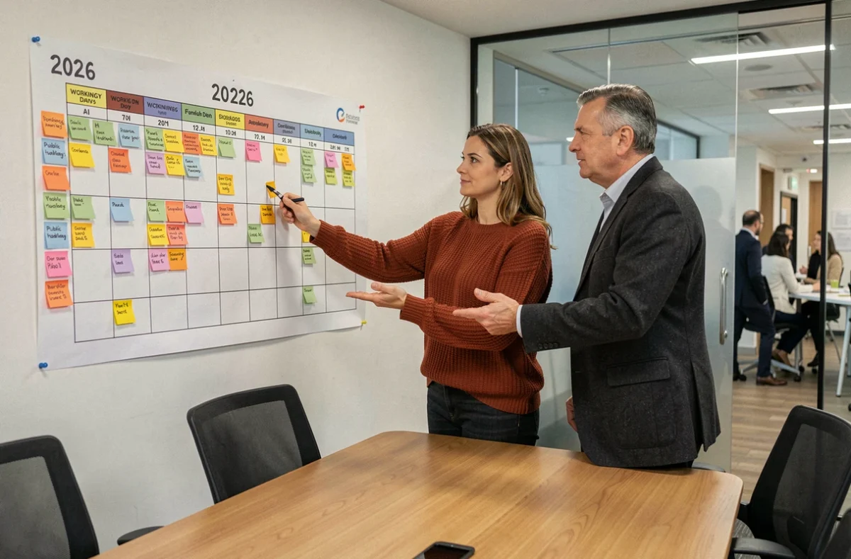 Deux collègues analysant un planning annuel 2026 avec des jours travaillés codés par couleur dans une salle de réunion