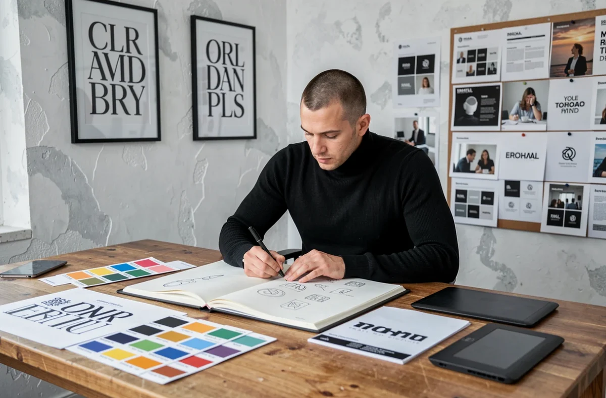Designer de l'agence Comauparadis à Marseille travaillant sur des concepts de logo et identité de marque dans un studio branding épuré