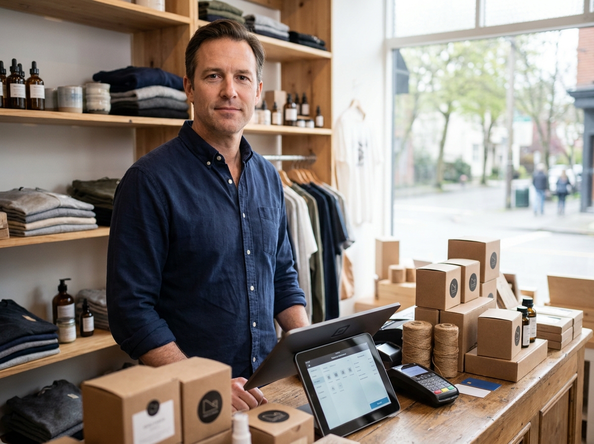 Commerçant utilisant un terminal de paiement et une tablette dans une boutique en ligne physique