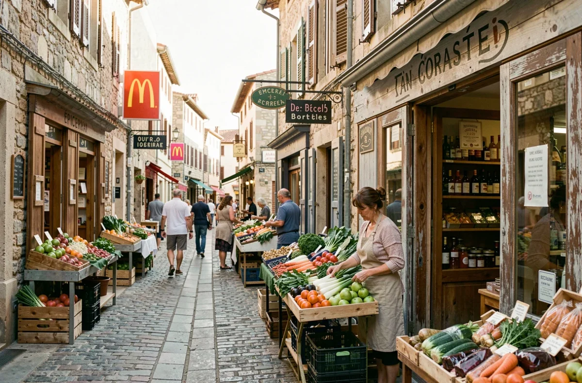 Commerçante locale devant une épicerie traditionnelle corse avec une enseigne McDonald's visible en arrière-plan, symbolisant la concurrence entre commerces locaux et chaînes internationales