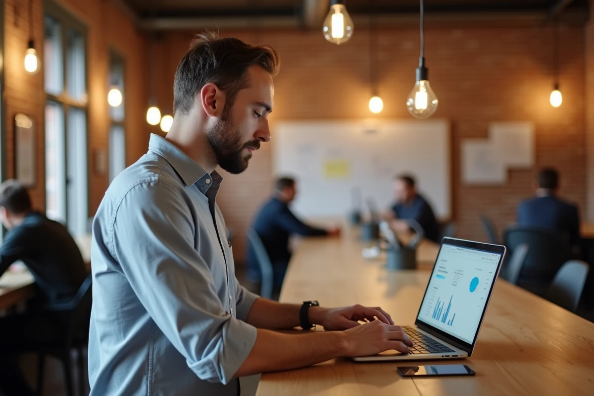 Commercial B2B en reconversion professionnelle travaillant sur son ordinateur dans un espace de coworking