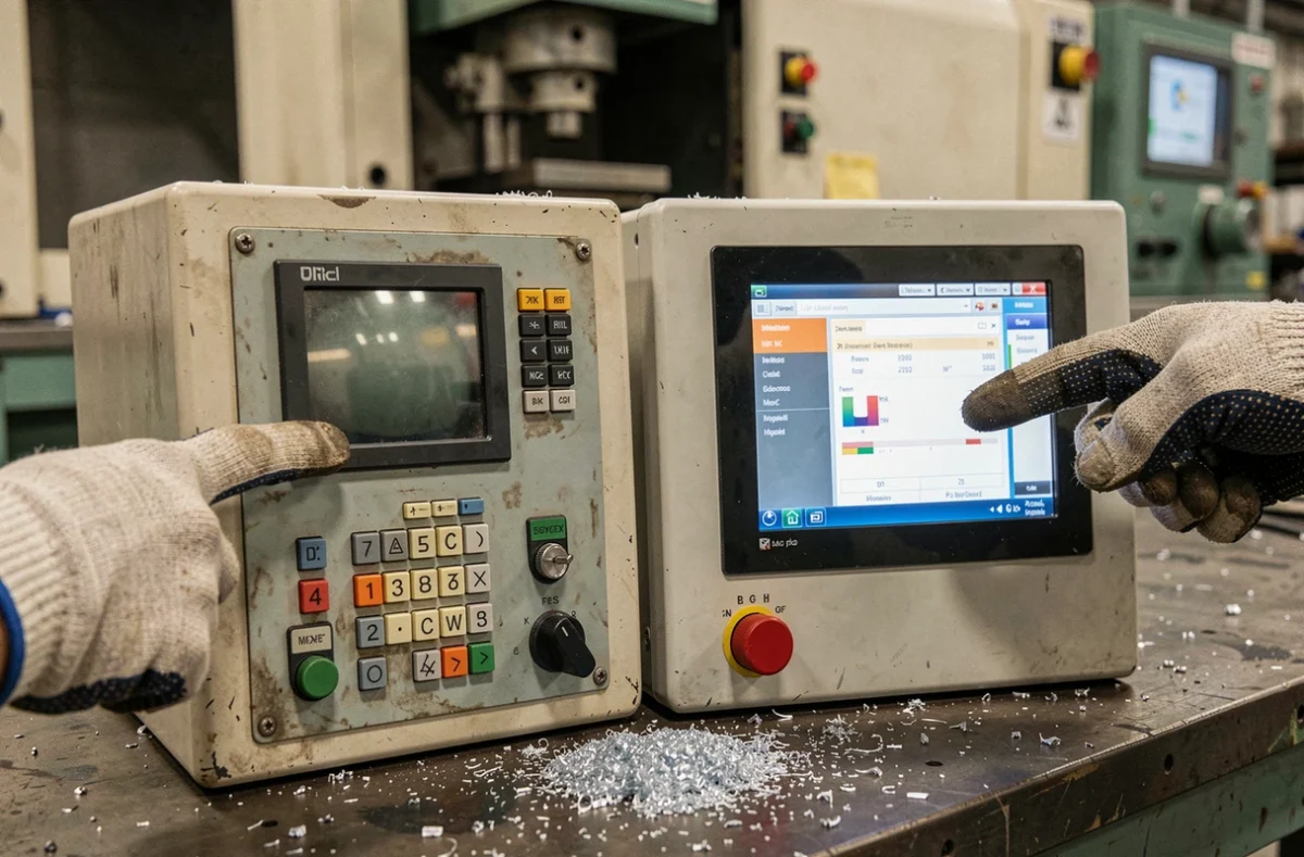Comparaison de deux interfaces de commande CNC classique et CNC MC sur un poste de travail en atelier