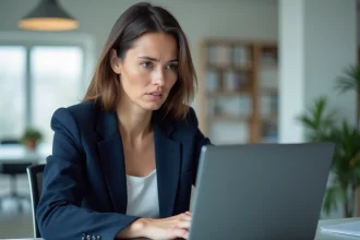 Femme professionnelle face à un message d'erreur de connexion sur son compte Terciel depuis un ordinateur portable au bureau