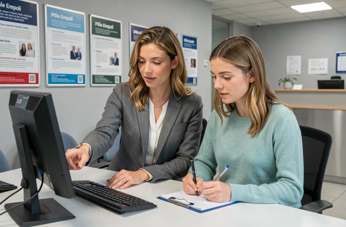 Conseillère Pôle Emploi guidant une candidate dans la saisie de ses critères de recherche d'emploi