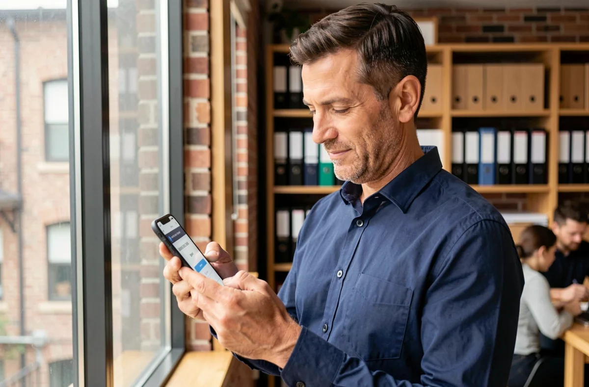 Employé consultant son espace salarié RH sur smartphone dans un espace de co-working