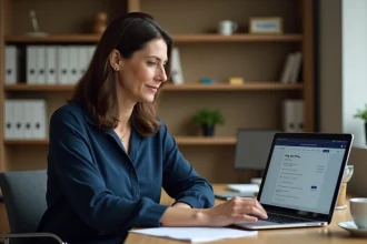 Enseignante consultant son bulletin de paie éducation nationale sur le portail Ensap depuis son bureau à domicile