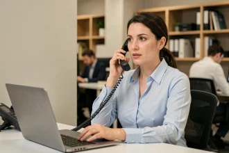 Femme professionnelle passant un appel au service client UPS international depuis son bureau